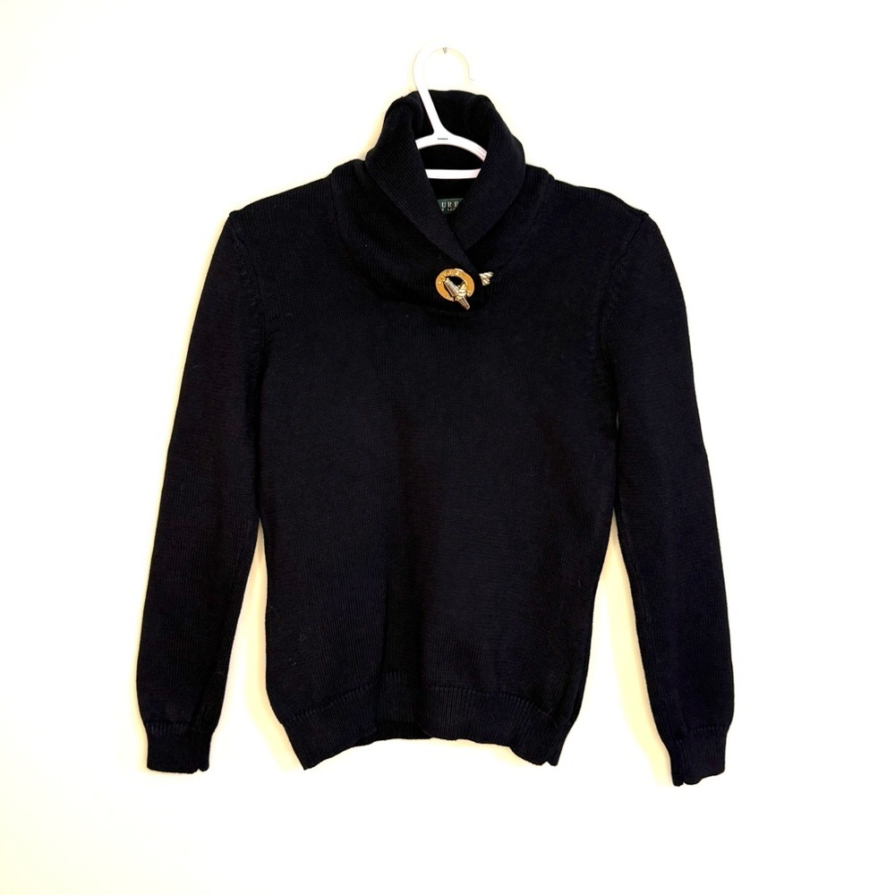 Ralph Lauren woman’s S Black Shawl Collar Sweater gold toggle cotton‎